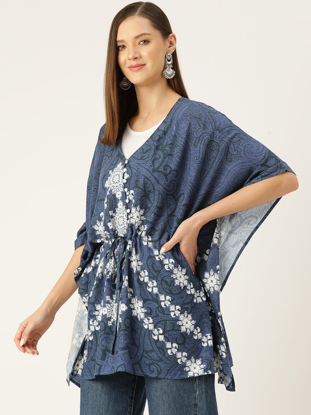 Printed Kimono Sleeves Ethnic Kaftan Longline Top