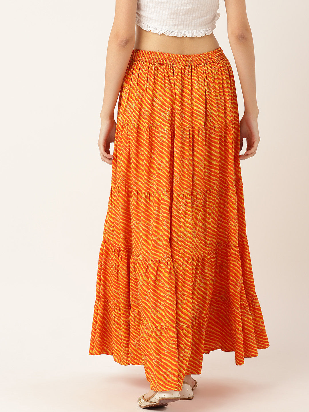 Women Leheriya Striped Tiered Cotton Maxi Skirt