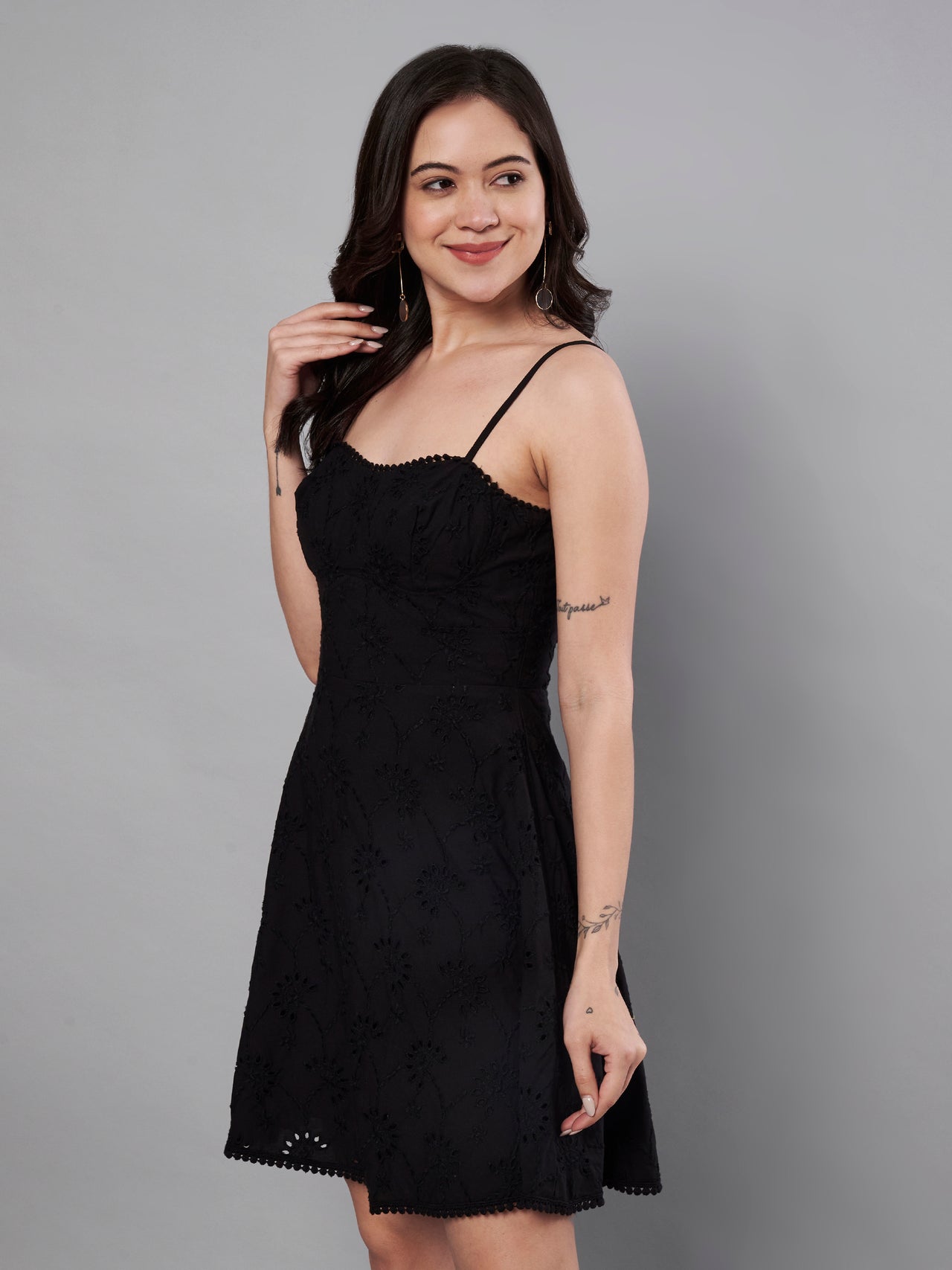 Black color schiffli embroidery dress for women