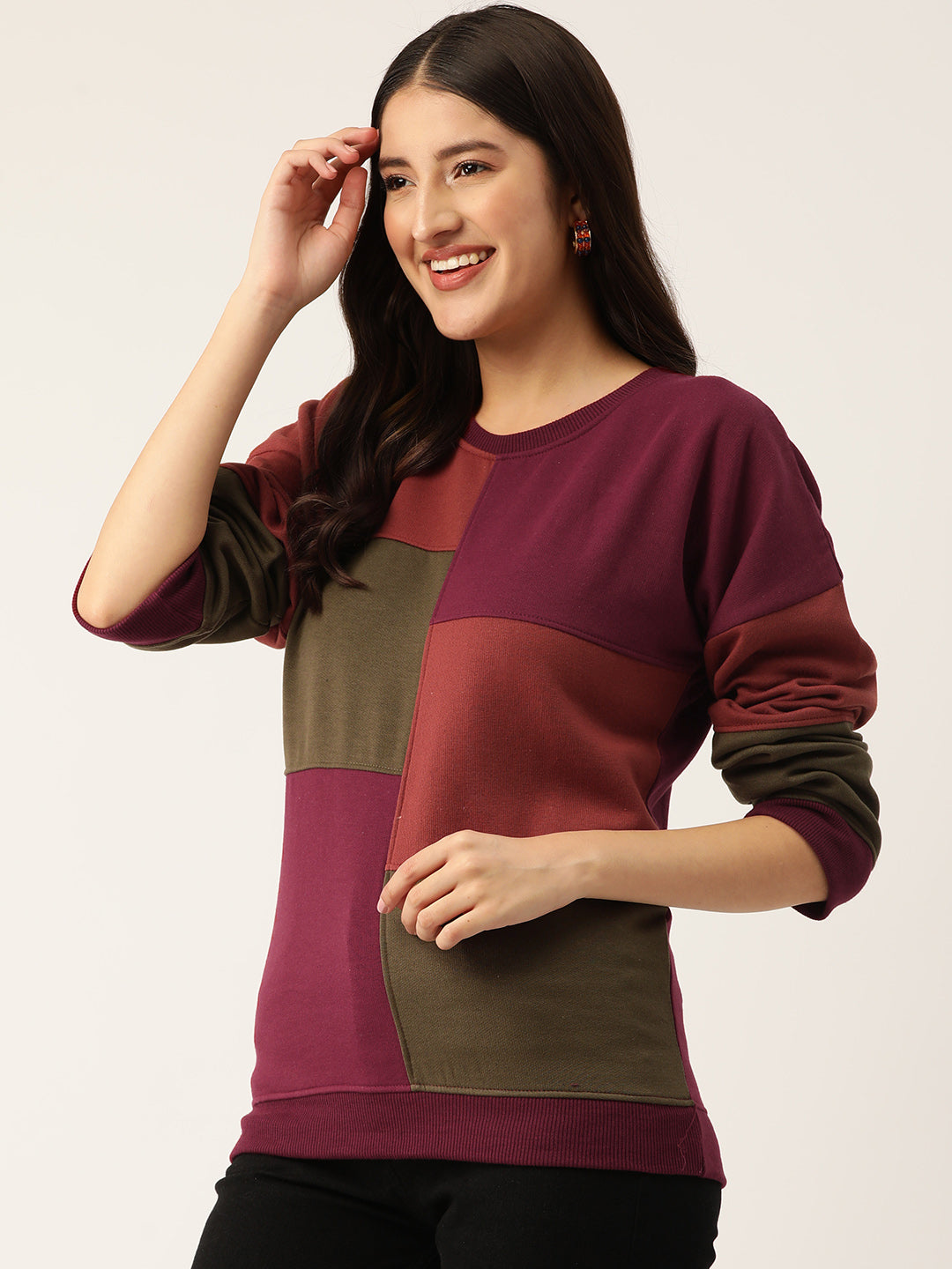 Maroon Colourblocked Fleece Sweatshirt