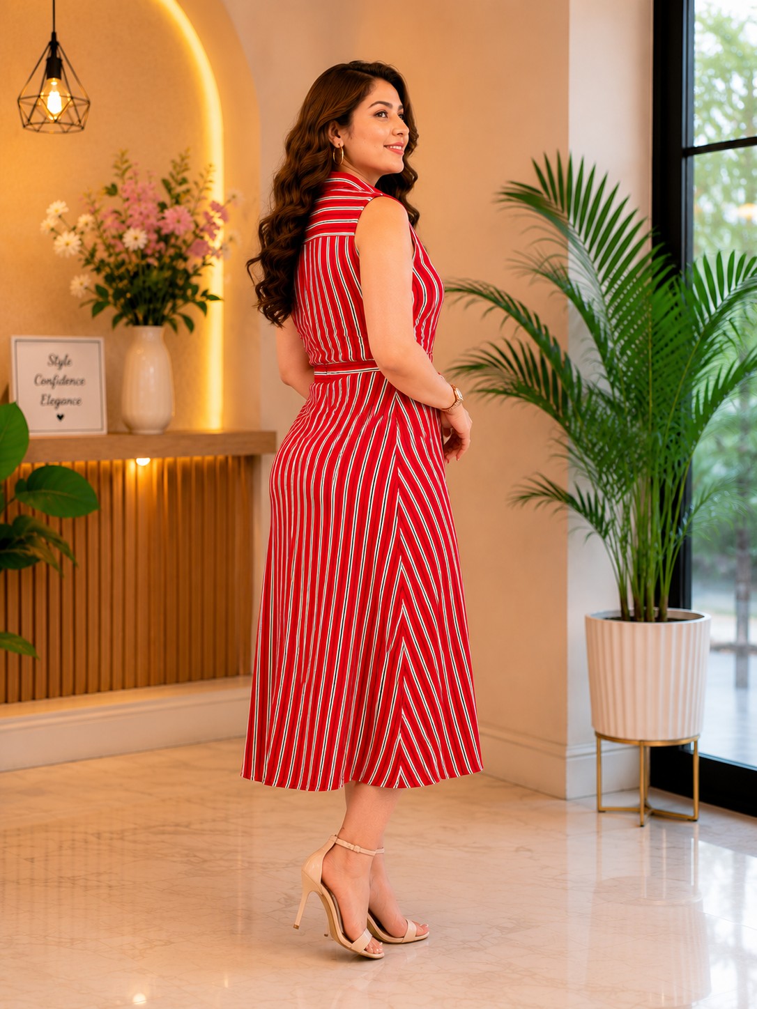 Women's Pastel Multi-Stripe Sleeveless Shirt Dress with Waist Tie Belt