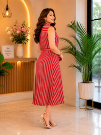 Thumbnail for Women's Pastel Multi-Stripe Sleeveless Shirt Dress with Waist Tie Belt