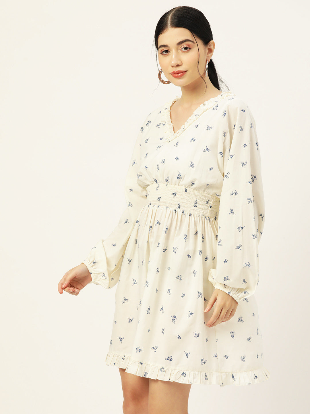 Women Floral Printed Smocked Puff Sleeves Cotton A-Line Dress