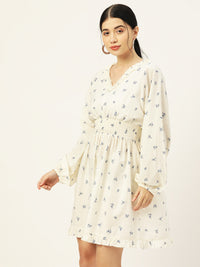 Thumbnail for Women Floral Printed Smocked Puff Sleeves Cotton A-Line Dress