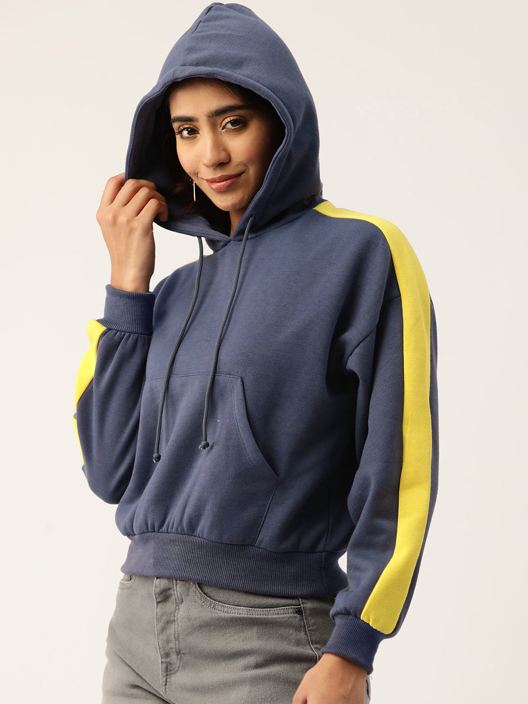 Yellow Striped Navy Blue Hooded Fleece Sweatshirt