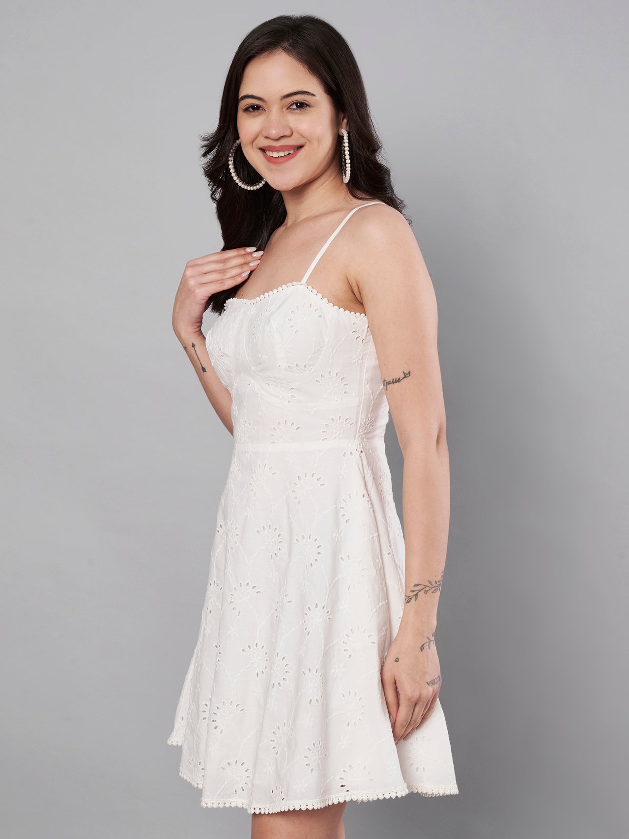 White color schiffli embroidery dress for women