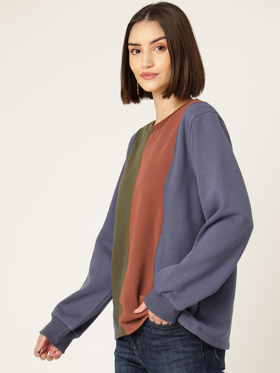 Striped Colour Blocked Fleece Sweatshirt
