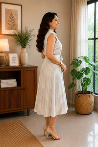 Thumbnail for Women's Pastel Multi-Stripe Sleeveless Shirt Dress with Waist Tie Belt