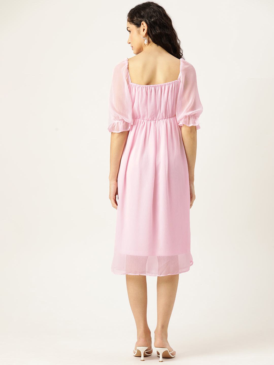 Rue Collection Puff Sleeves Sweetheart Neck Chiffon Fit & Flare Midi Dress