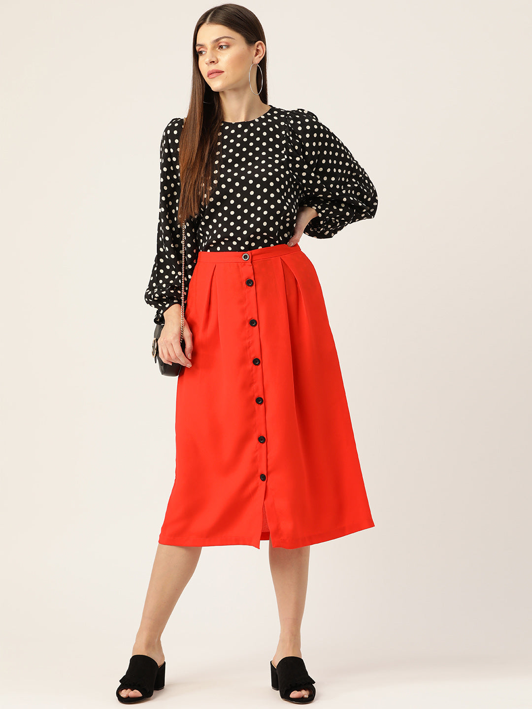 Women Red Solid Midi A-line Skirt