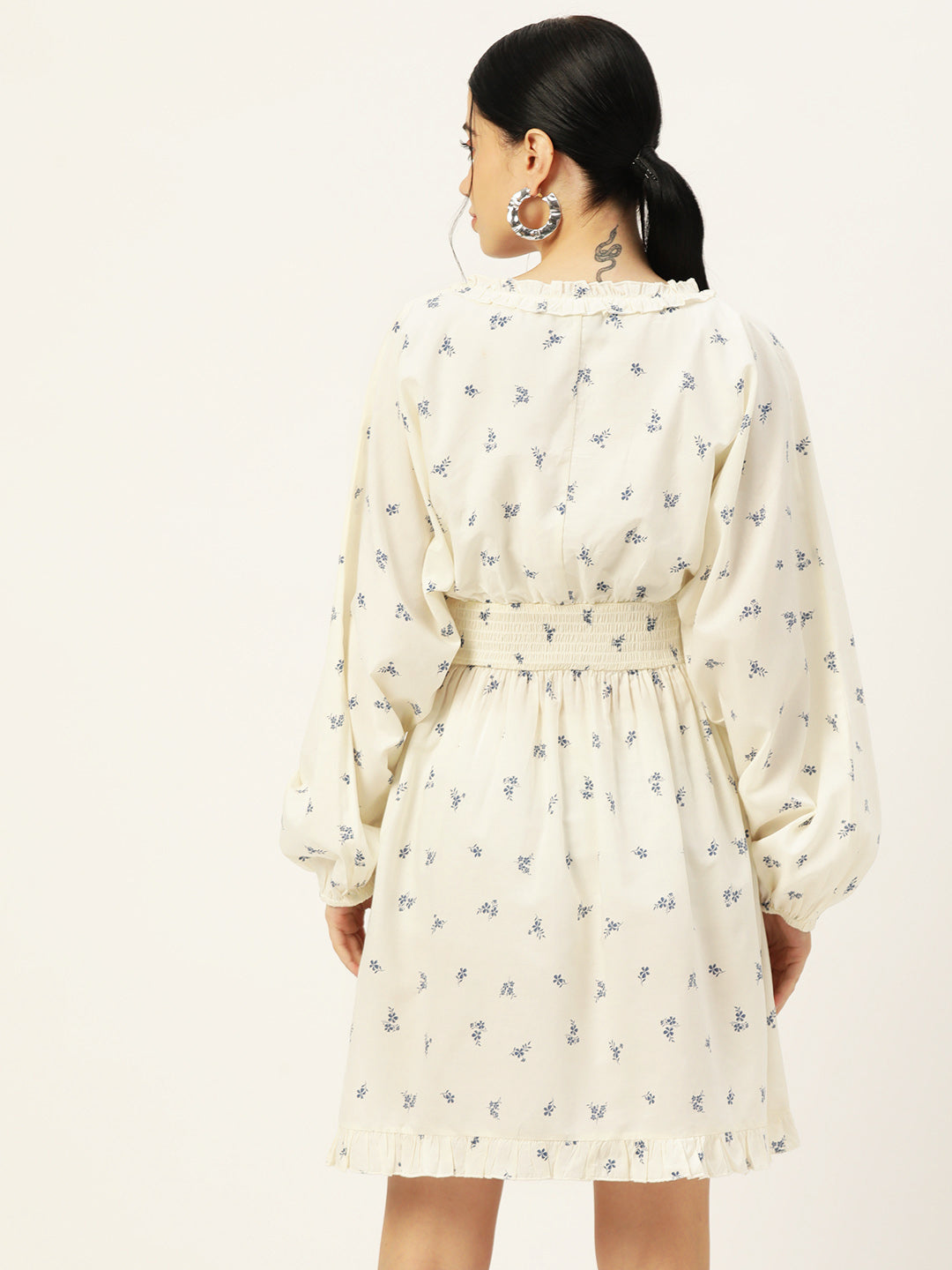 Women Floral Printed Smocked Puff Sleeves Cotton A-Line Dress