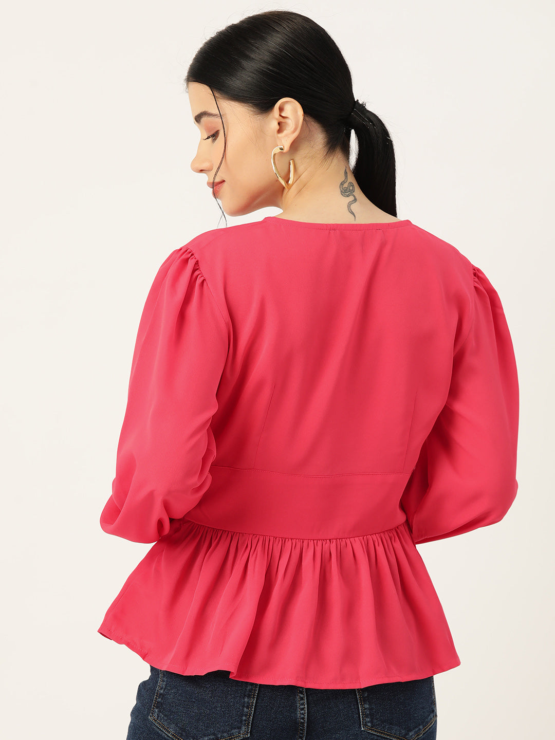 Coral Solid Puff Sleeve Crepe Peplum Top