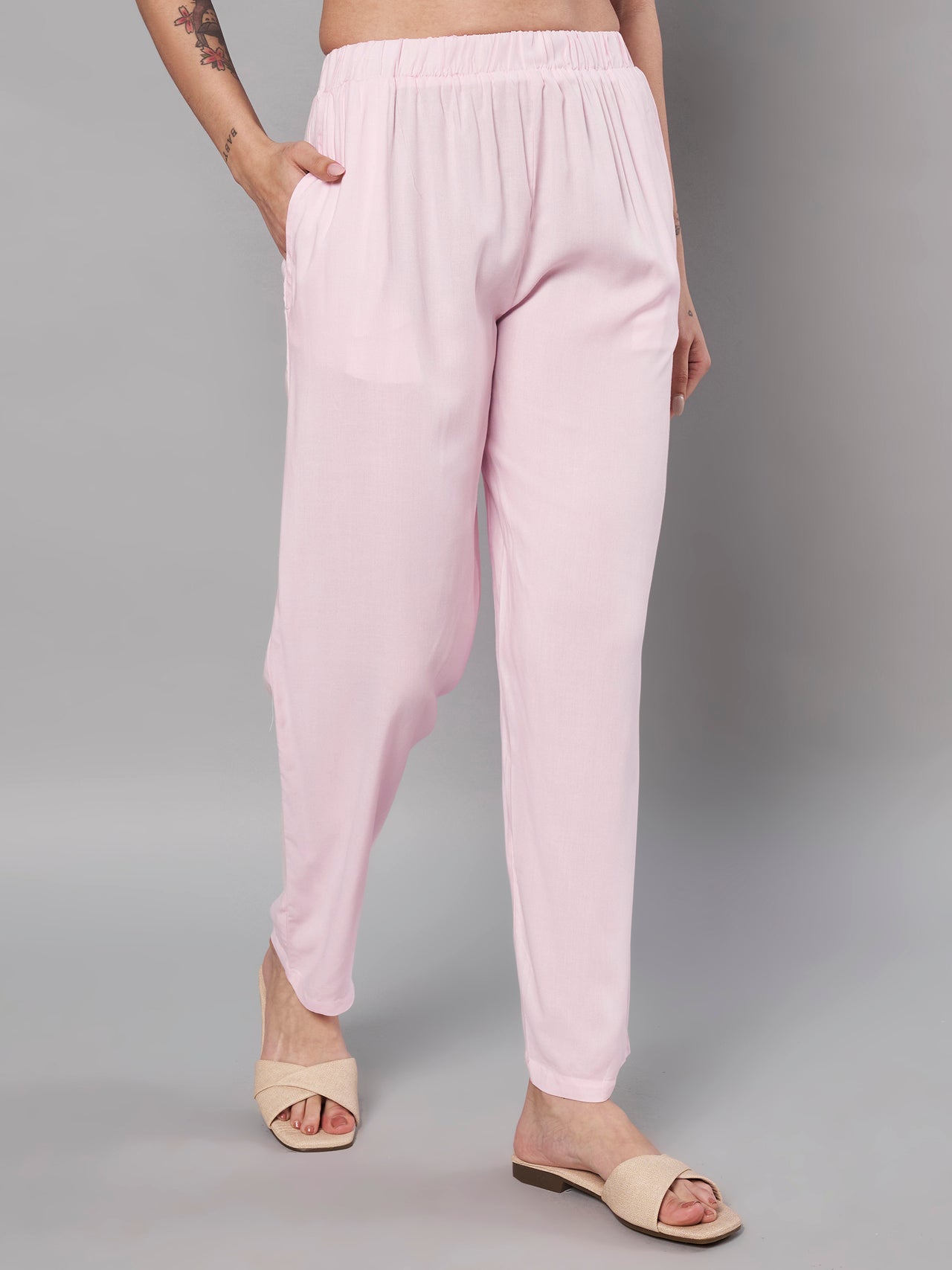 Solid Stylish Pink Trousers For Women