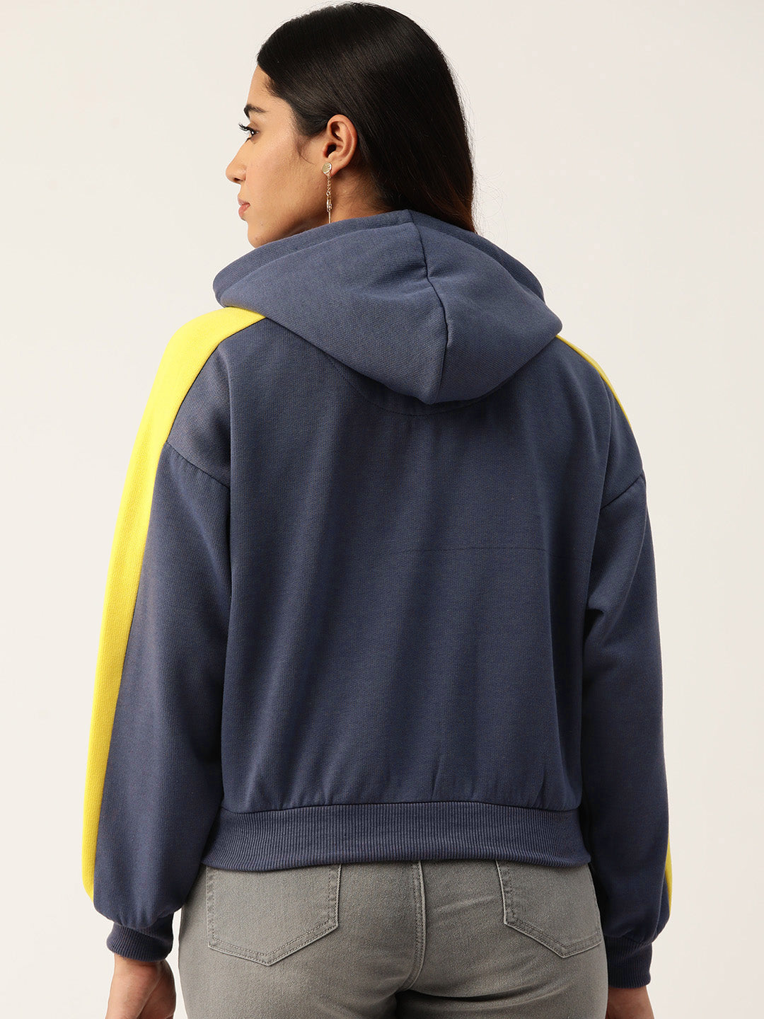 Yellow Striped Navy Blue Hooded Fleece Sweatshirt