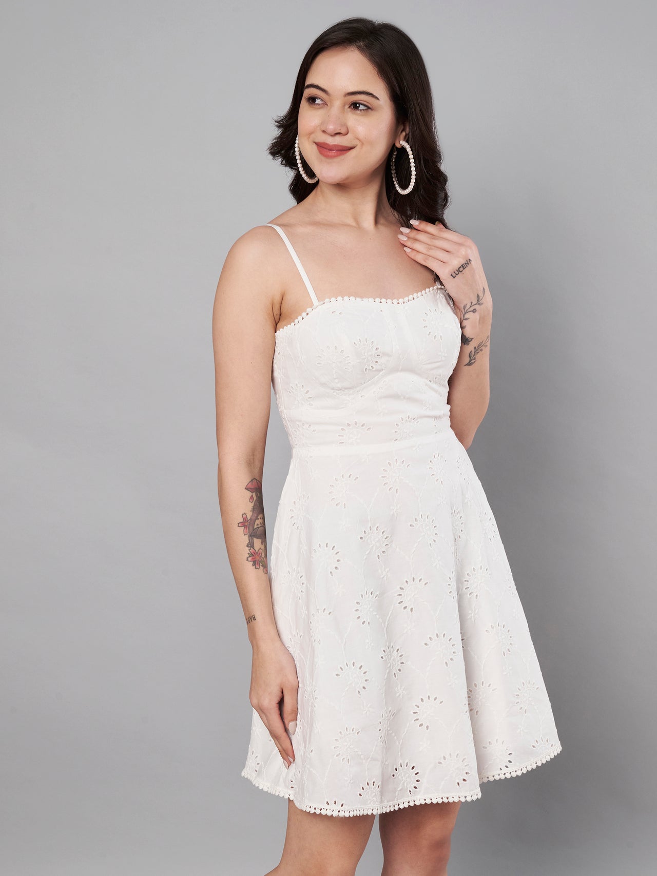 White color schiffli embroidery dress for women