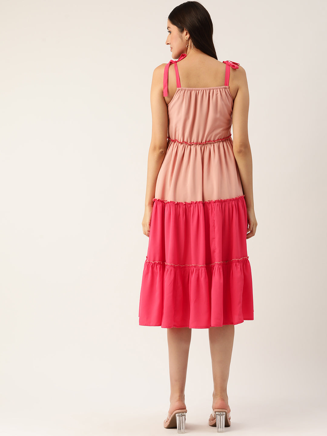 Colourblocked Tiered Crepe A-Line Dress