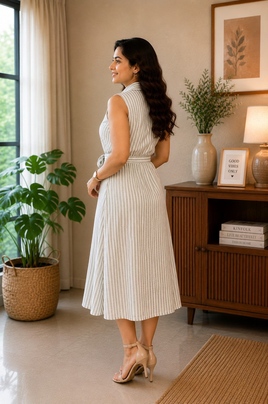 Women's Pastel Multi-Stripe Sleeveless Shirt Dress with Waist Tie Belt