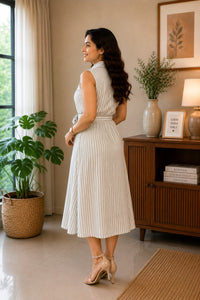 Thumbnail for Women's Pastel Multi-Stripe Sleeveless Shirt Dress with Waist Tie Belt