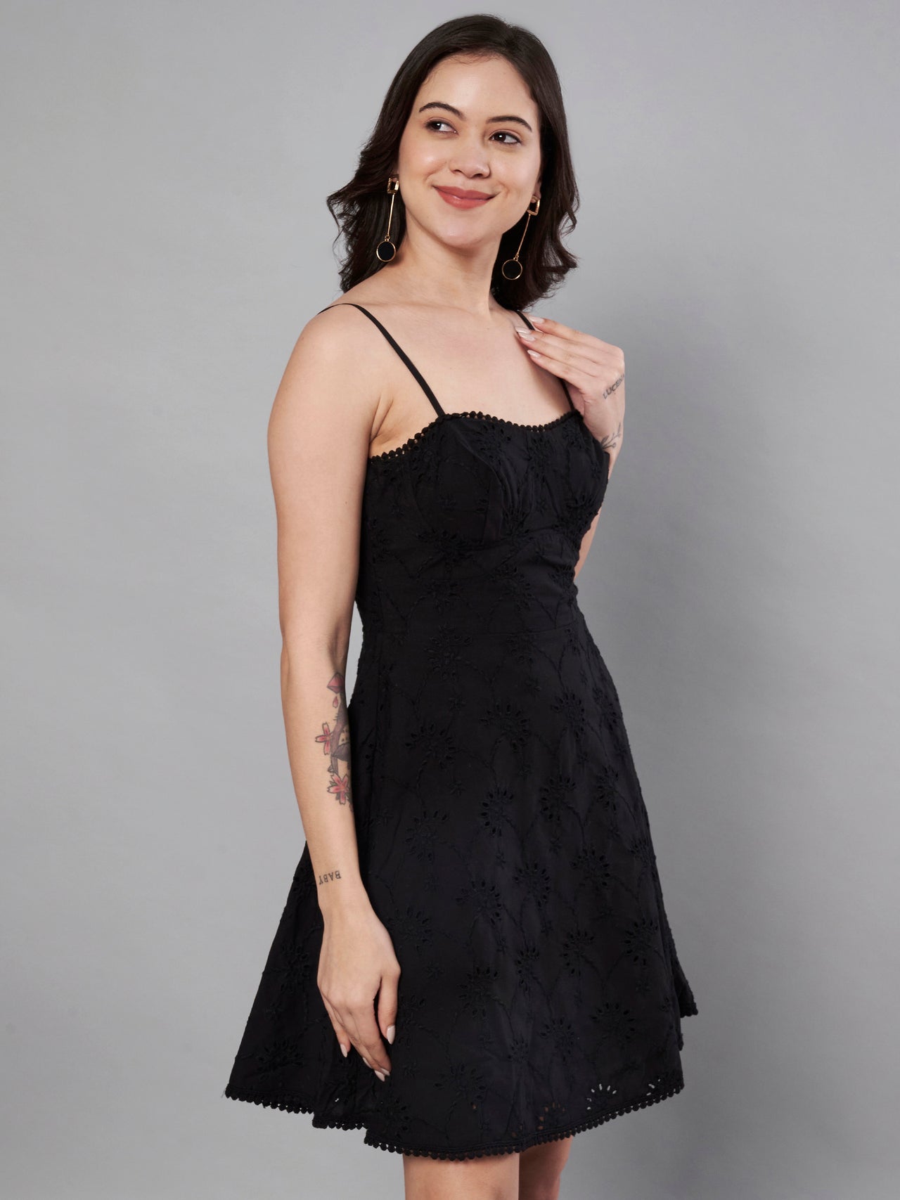 Black color schiffli embroidery dress for women