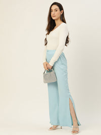 Thumbnail for Women Turquoise Blue Relaxed Loose Fit High-Rise Trousers