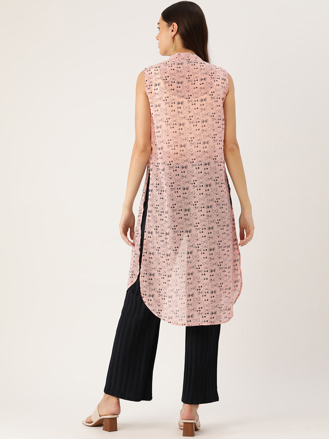 Women Pink & Black Printed Open Front Longline Shrug