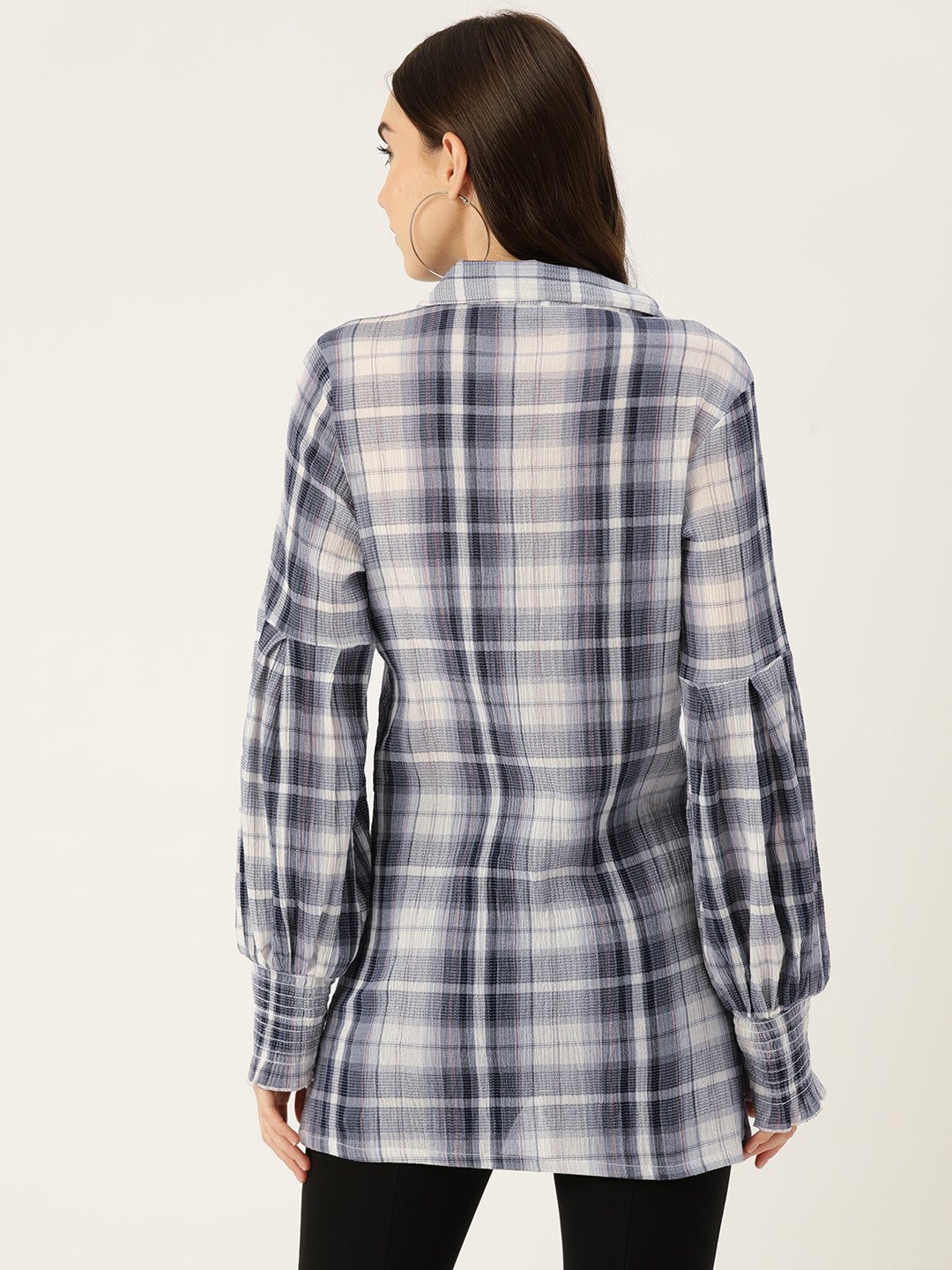 Checked Puff Sleeve Cotton Shirt Style Longline Top