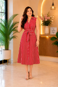 Thumbnail for Women's Pastel Multi-Stripe Sleeveless Shirt Dress with Waist Tie Belt