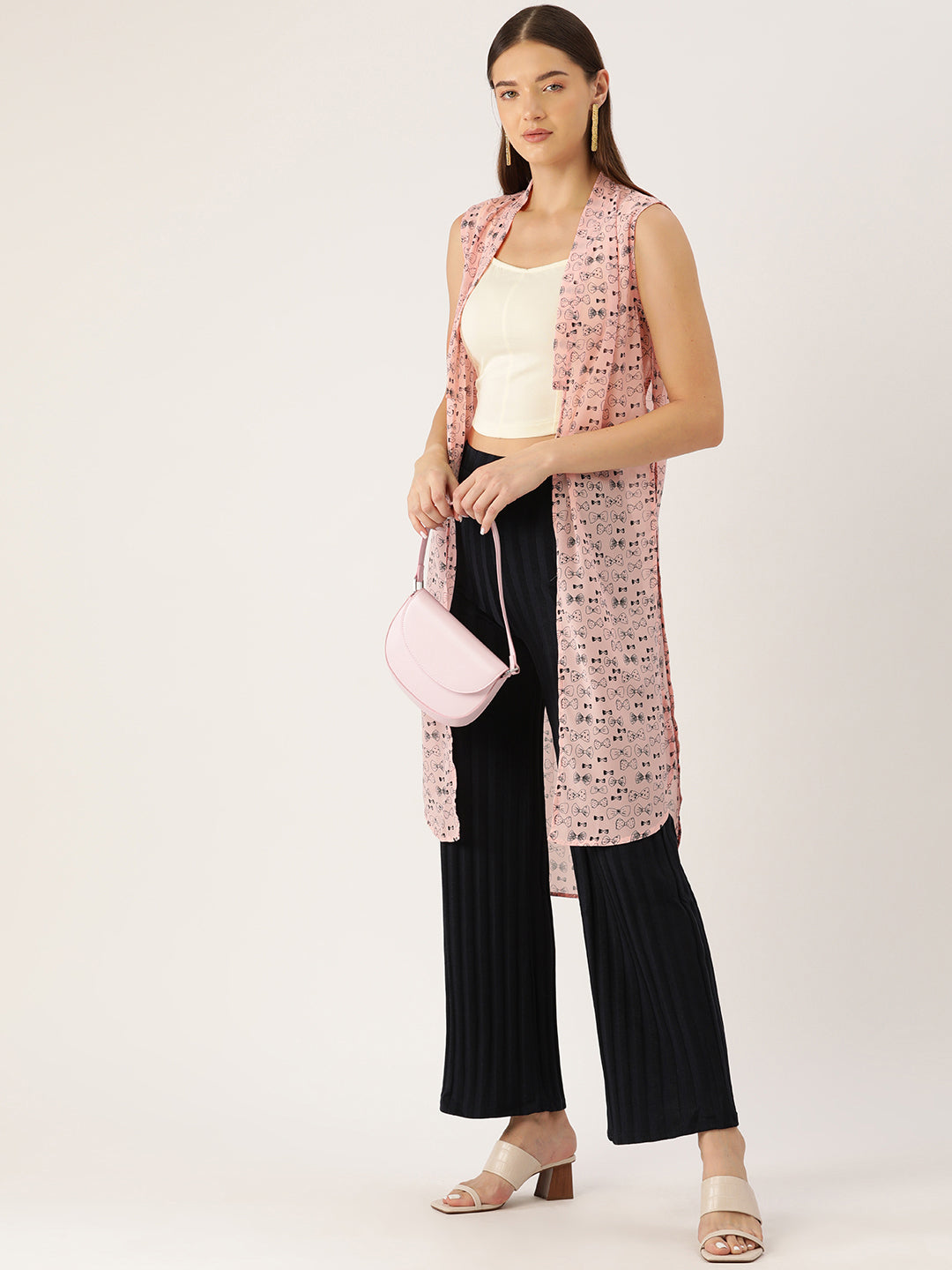 Women Pink & Black Printed Open Front Longline Shrug