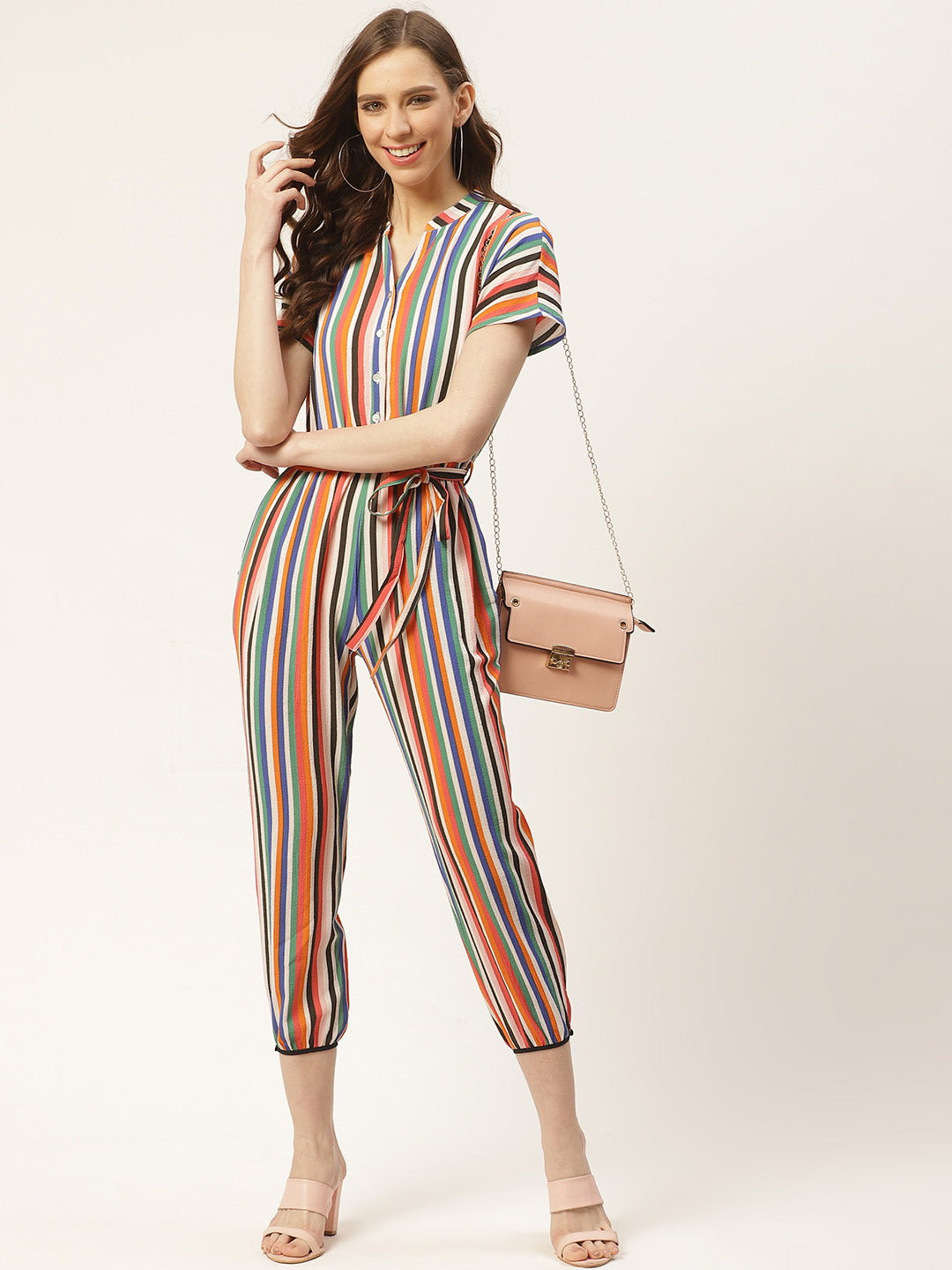 Women Multicoloured Striped Capri Jumpsuit