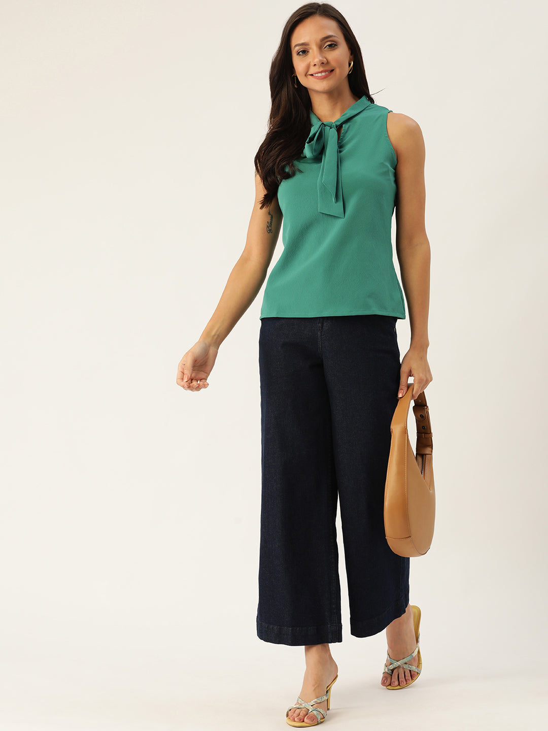 Women Green Tie-Up Neck Solid Top