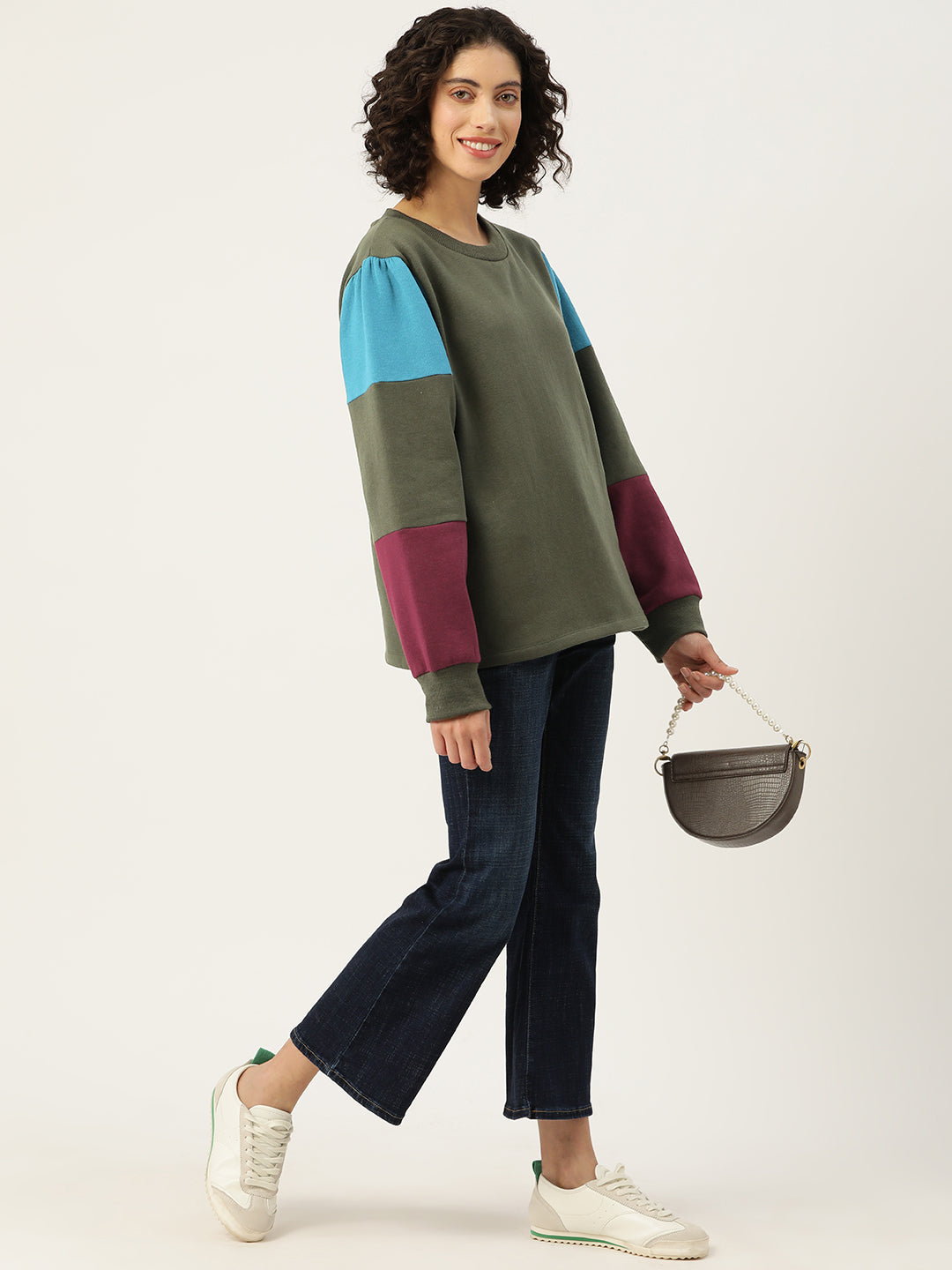 Olive Green Colourblocked Longline Fleece Sweatshirt