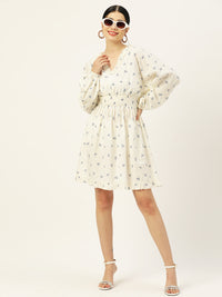 Thumbnail for Women Floral Printed Smocked Puff Sleeves Cotton A-Line Dress