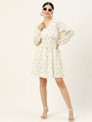 Women Floral Printed Smocked Puff Sleeves Cotton A-Line Dress