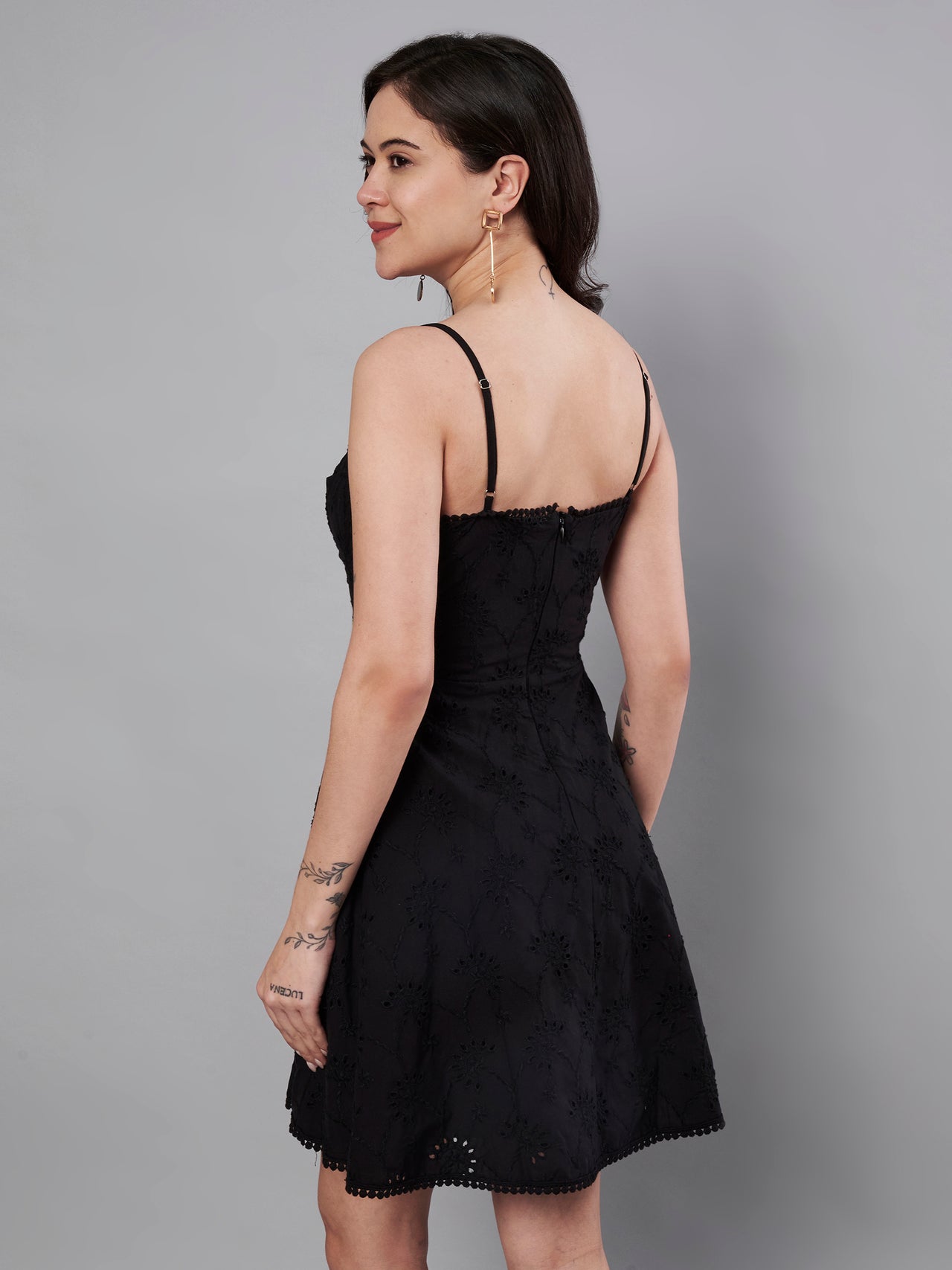 Black color schiffli embroidery dress for women