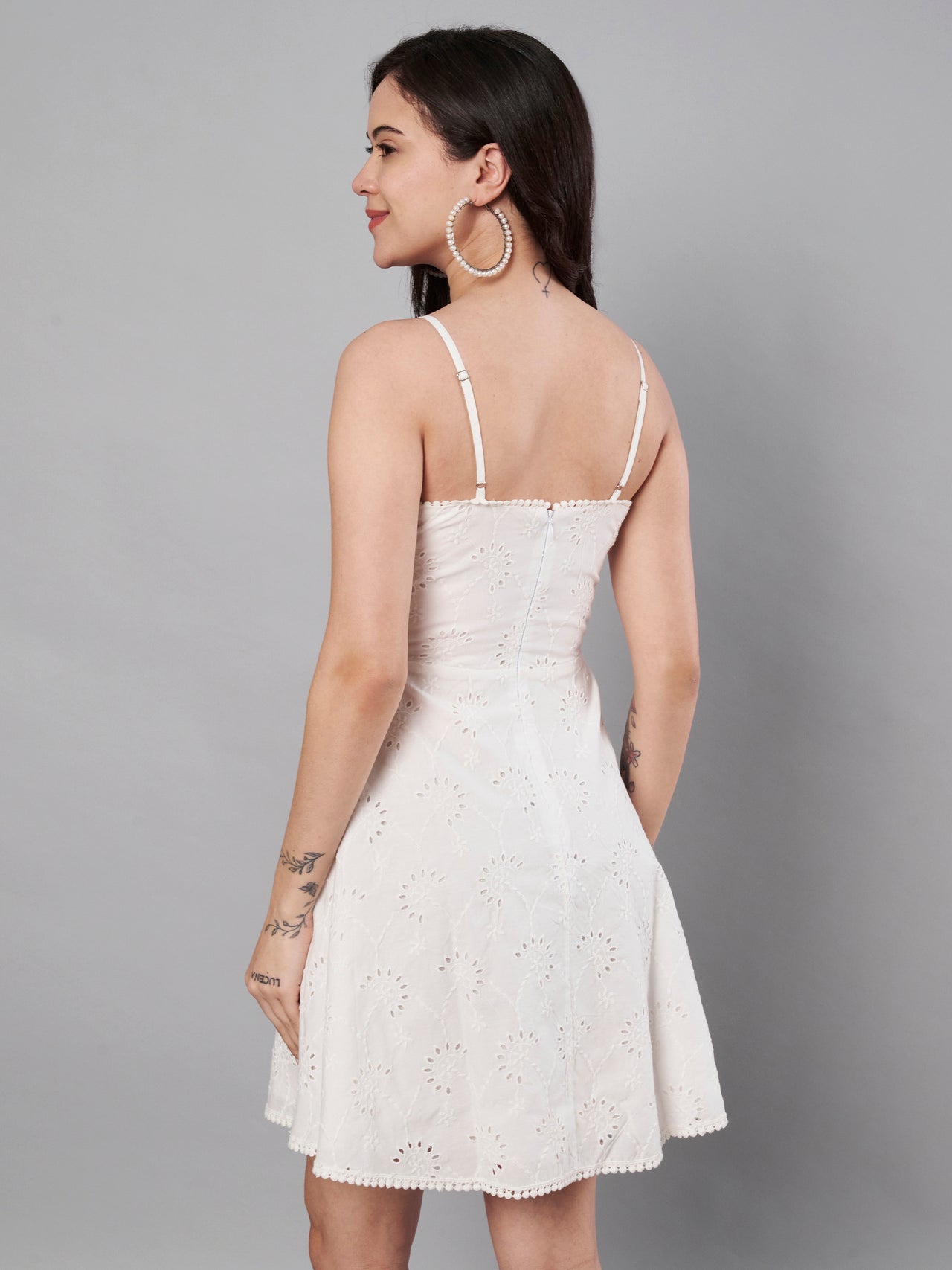 White color schiffli embroidery dress for women