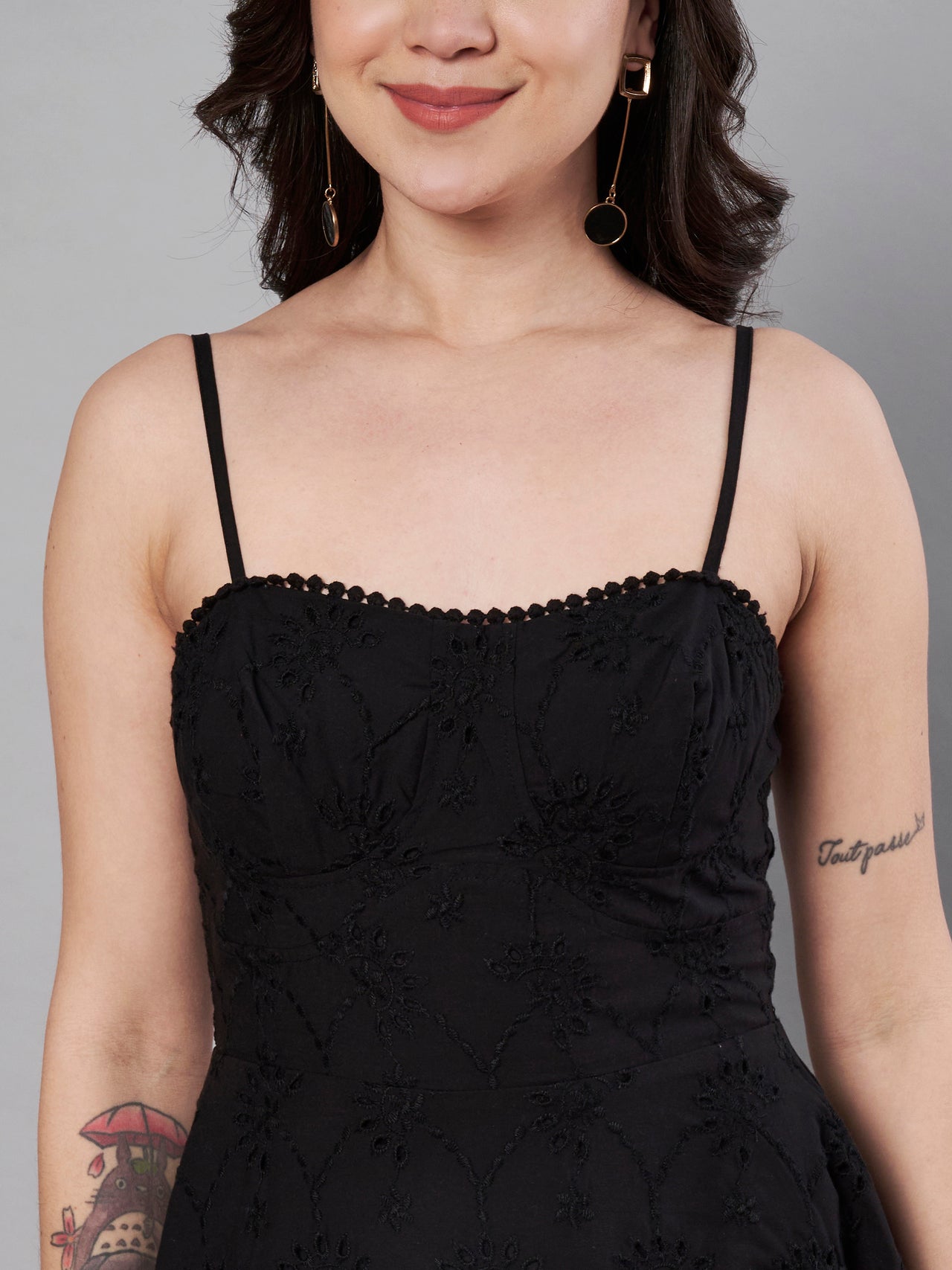 Black color schiffli embroidery dress for women