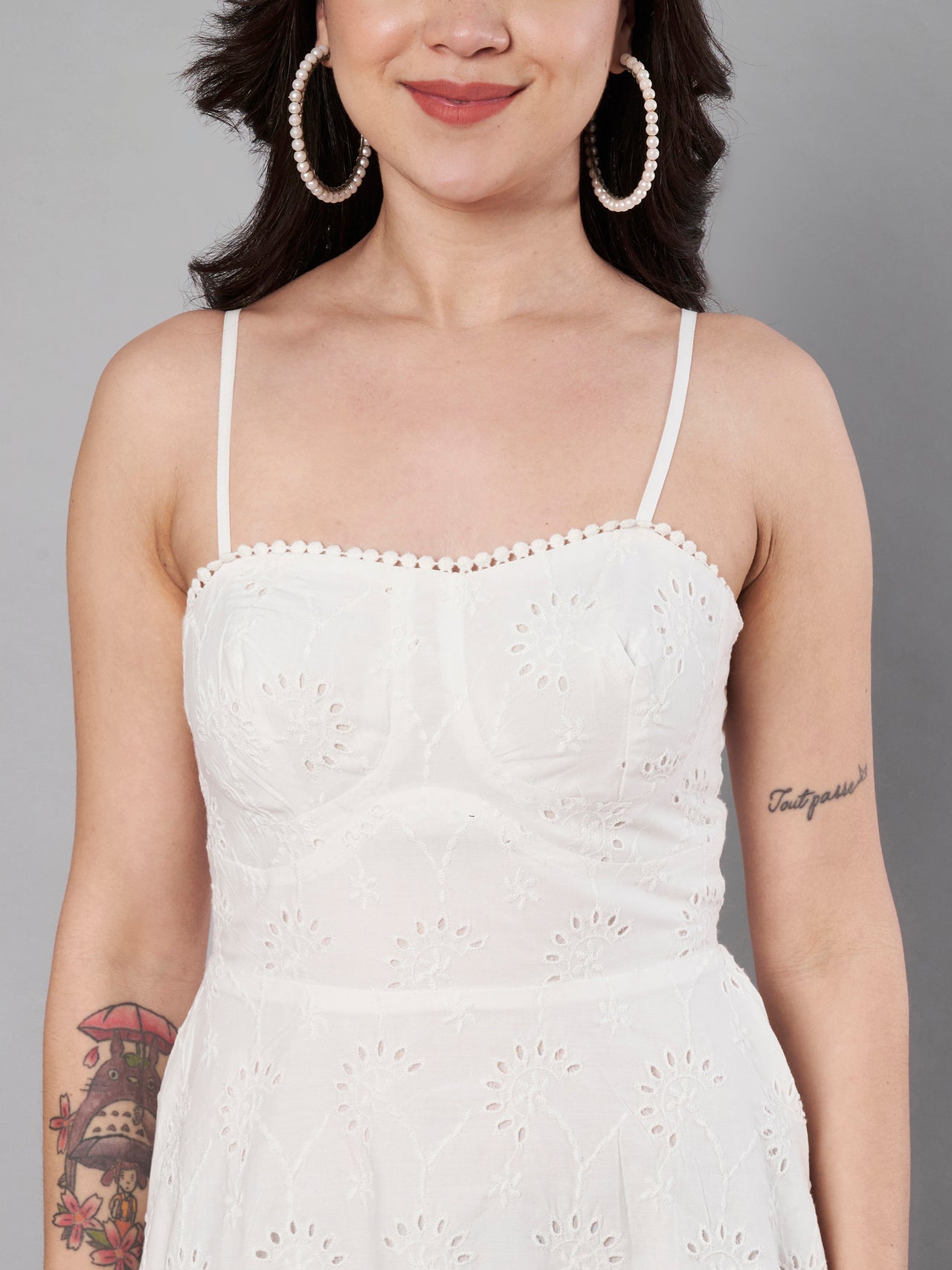 White color schiffli embroidery dress for women