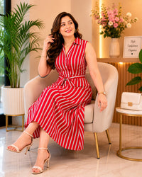Thumbnail for Women's Pastel Multi-Stripe Sleeveless Shirt Dress with Waist Tie Belt