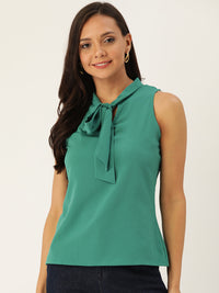 Thumbnail for Women Green Tie-Up Neck Solid Top