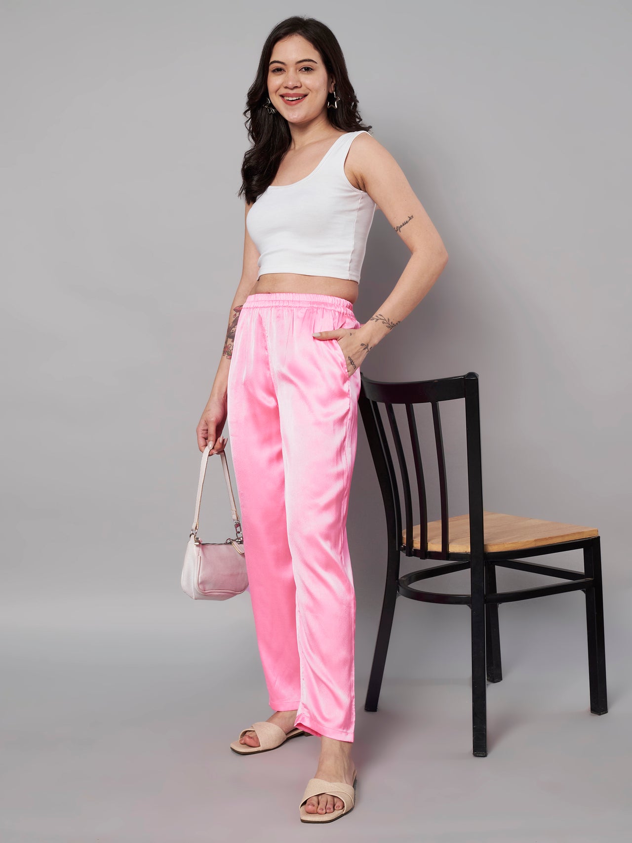 Solid Stylish Pink Trousers For Women