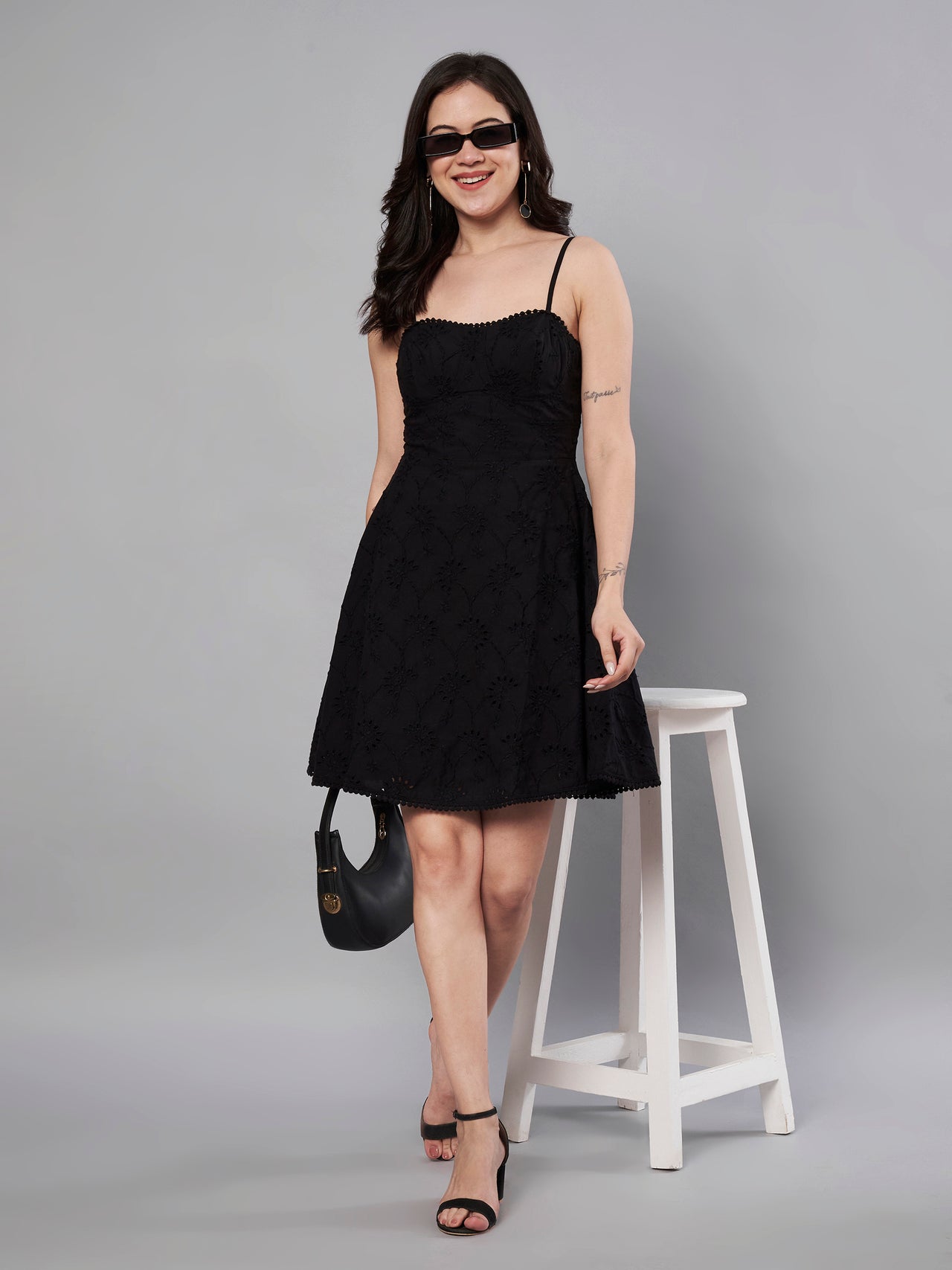 Black color schiffli embroidery dress for women