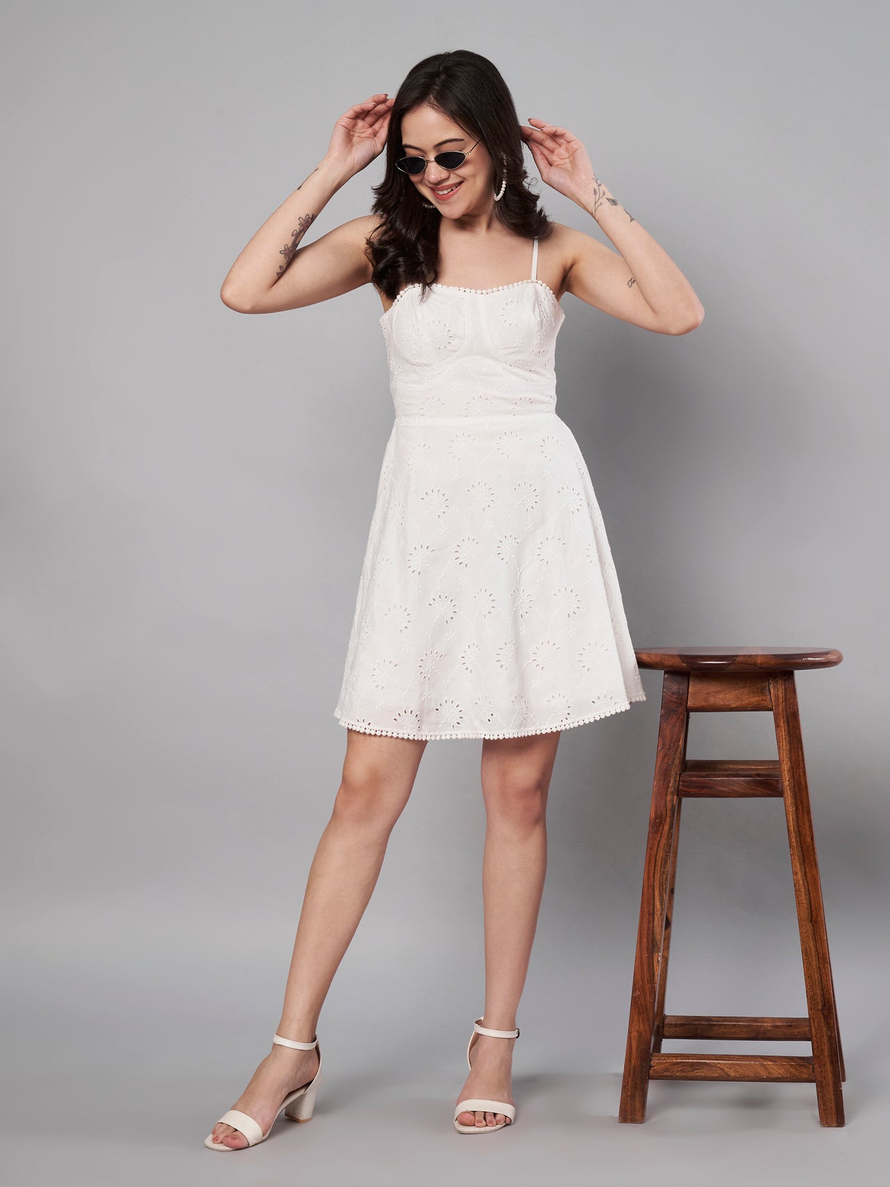 White color schiffli embroidery dress for women