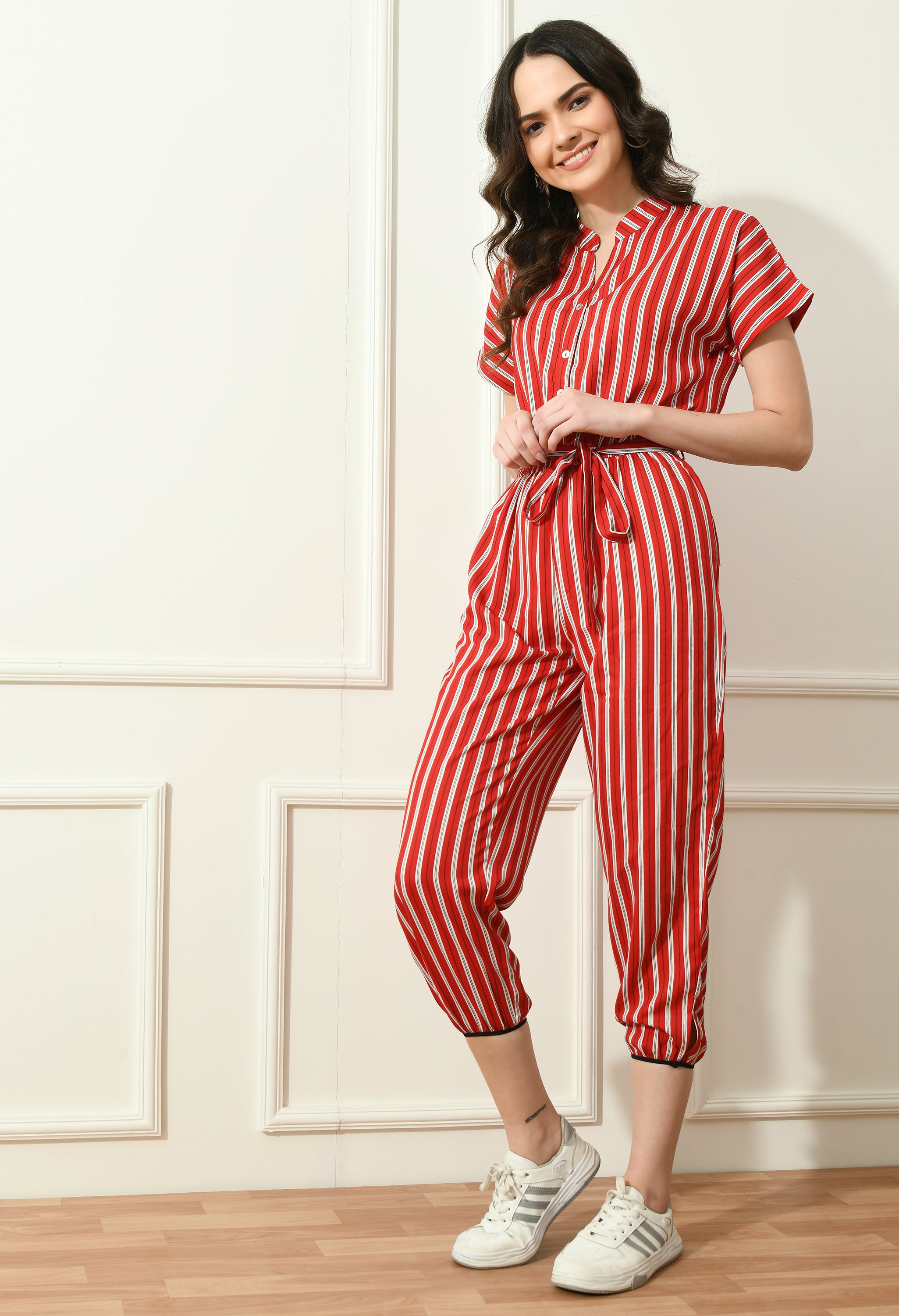 Women Red & Off-White Striped Capri Jumpsuit