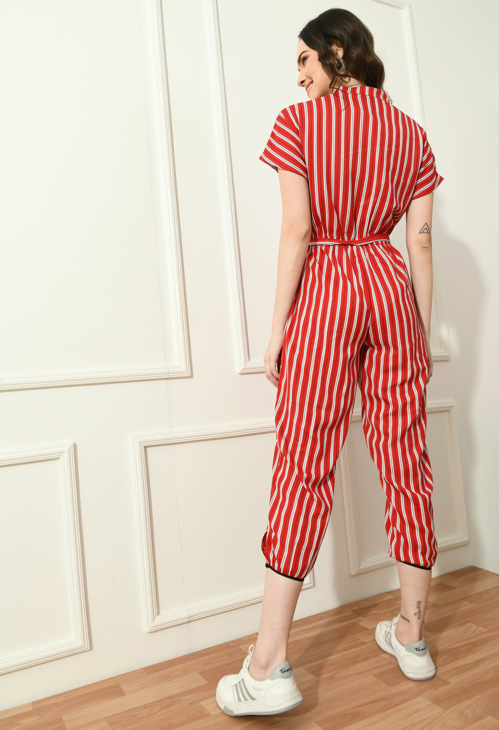 Women Red & Off-White Striped Capri Jumpsuit