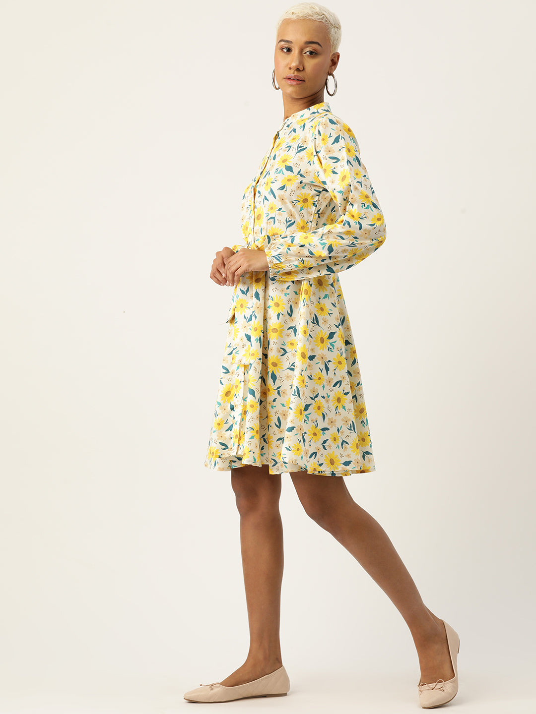 Floral Print Puff Sleeve Crepe A-Line Dress