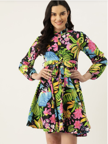 Floral Print Puff Sleeve Crepe A-Line Dress