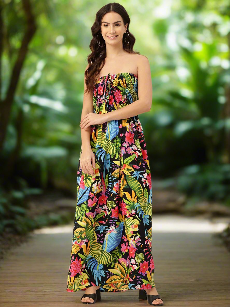 Floral Print Smocked Fit & Flare Maxi Dress