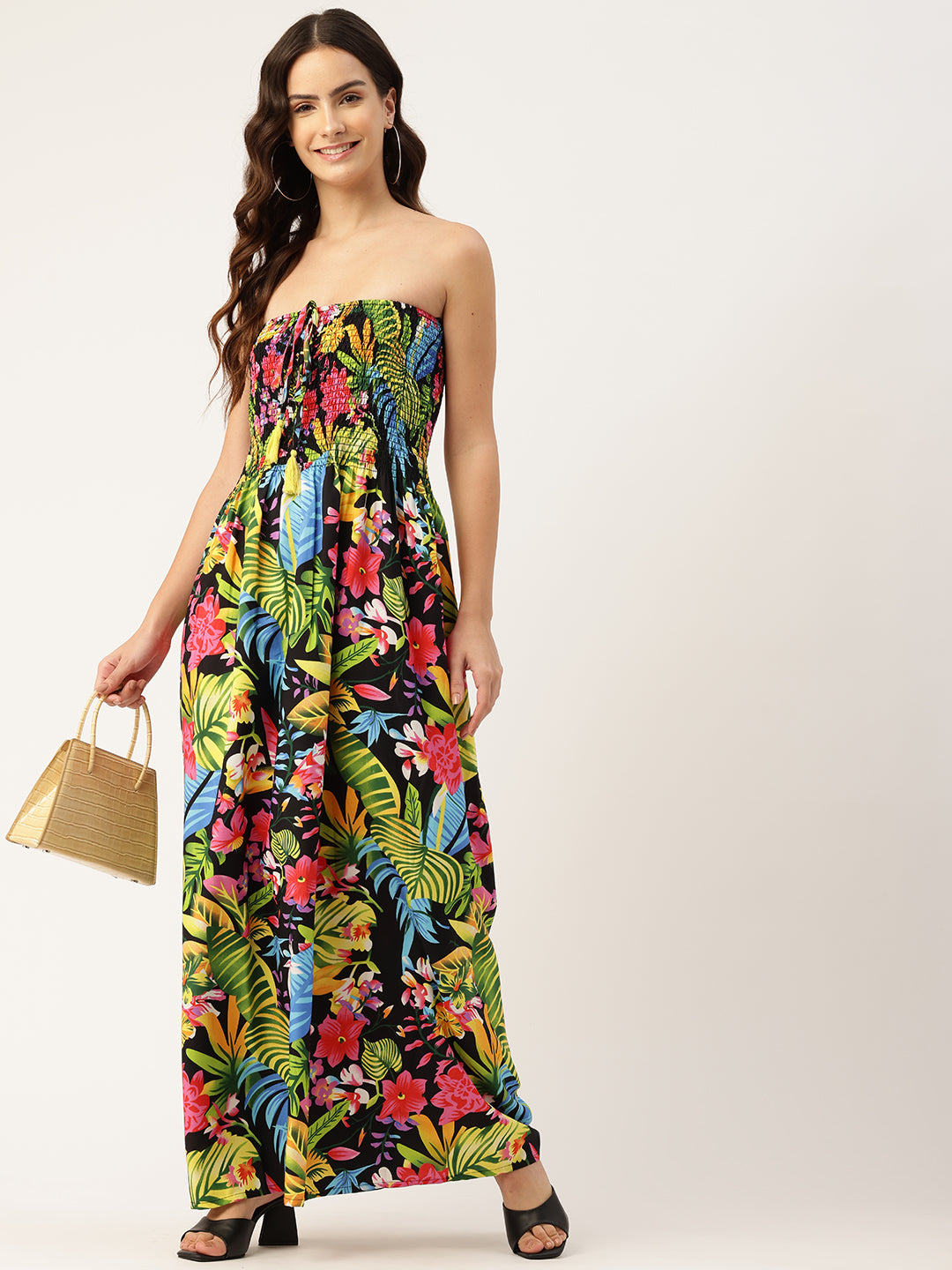 Floral Print Smocked Fit & Flare Maxi Dress