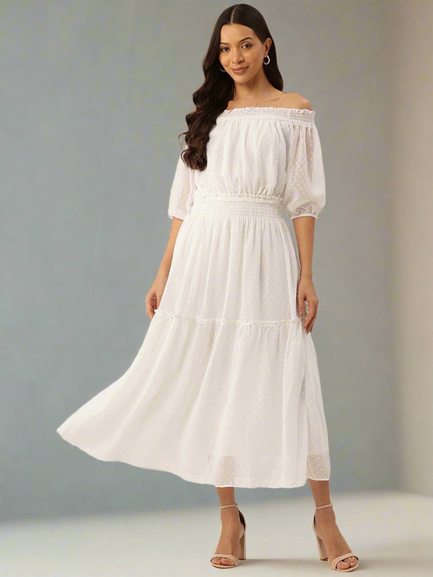 Off-Shoulder Chiffon Fit & Flare Midi Dress