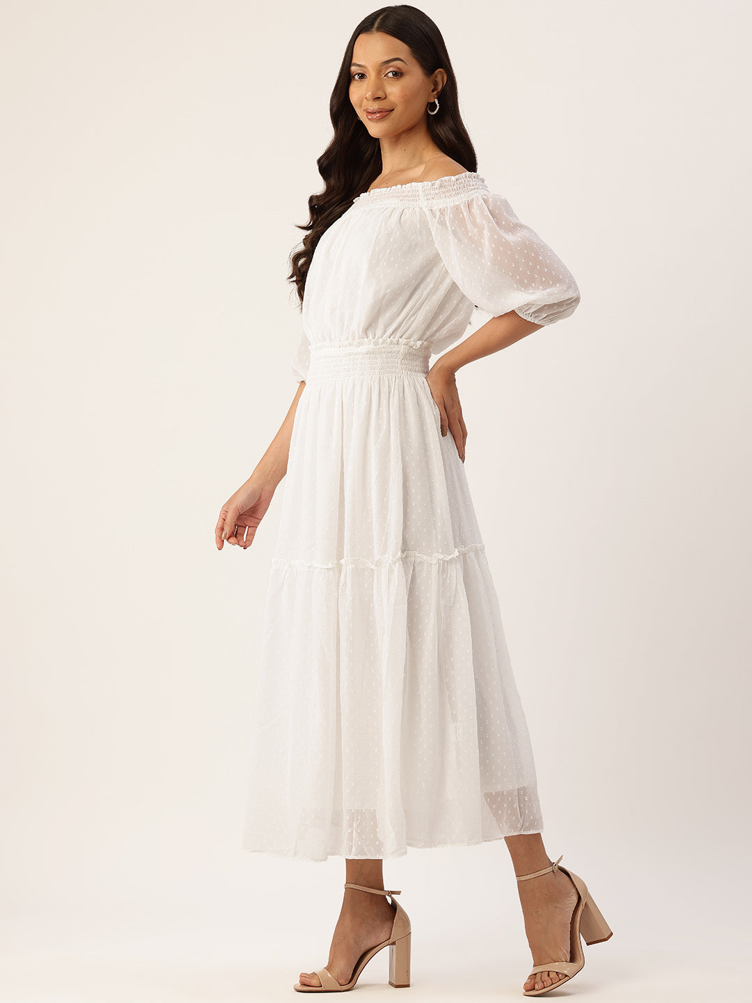 Off-Shoulder Chiffon Fit & Flare Midi Dress